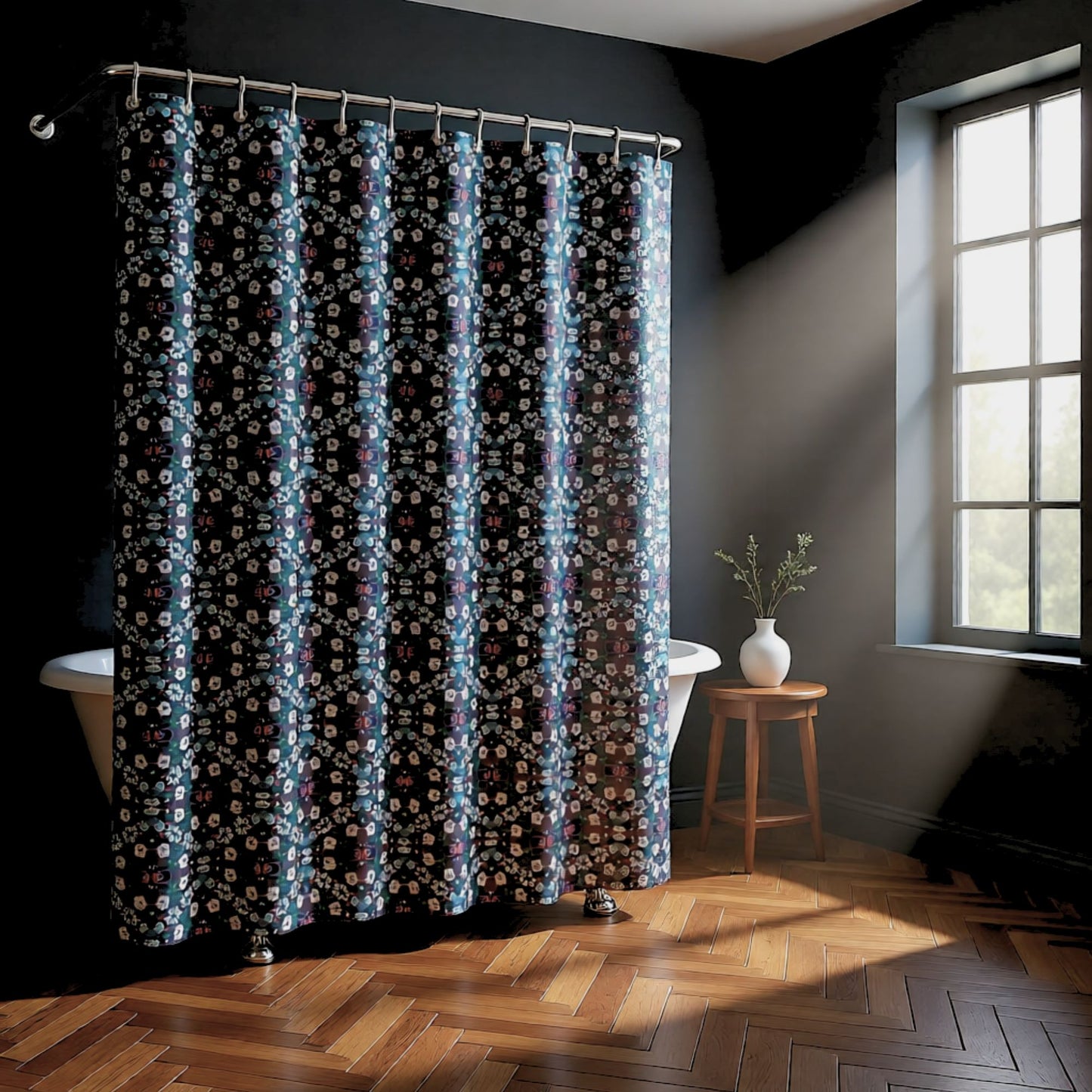 Dark Grey Retro Folk Floral Damask Shower Curtain | White, Teal and Purple Flowers