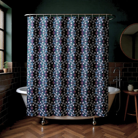 Dark Grey Retro Folk Floral Damask Shower Curtain | White, Teal and Purple Flowers