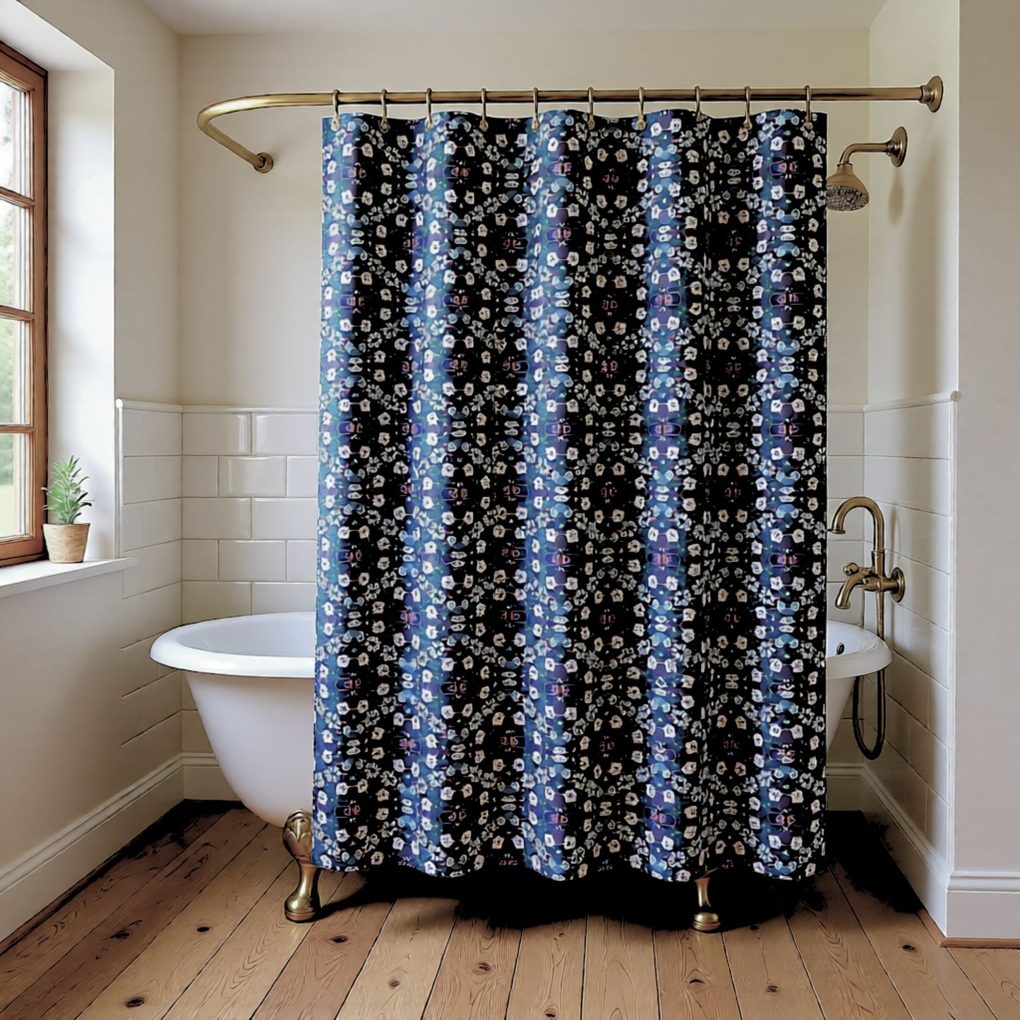 Dark Grey Retro Folk Floral Damask Shower Curtain | White, Teal and Purple Flowers