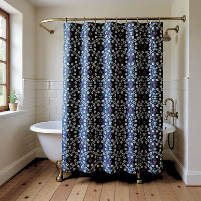 Dark Grey Retro Folk Floral Damask Shower Curtain | White, Teal and Purple Flowers