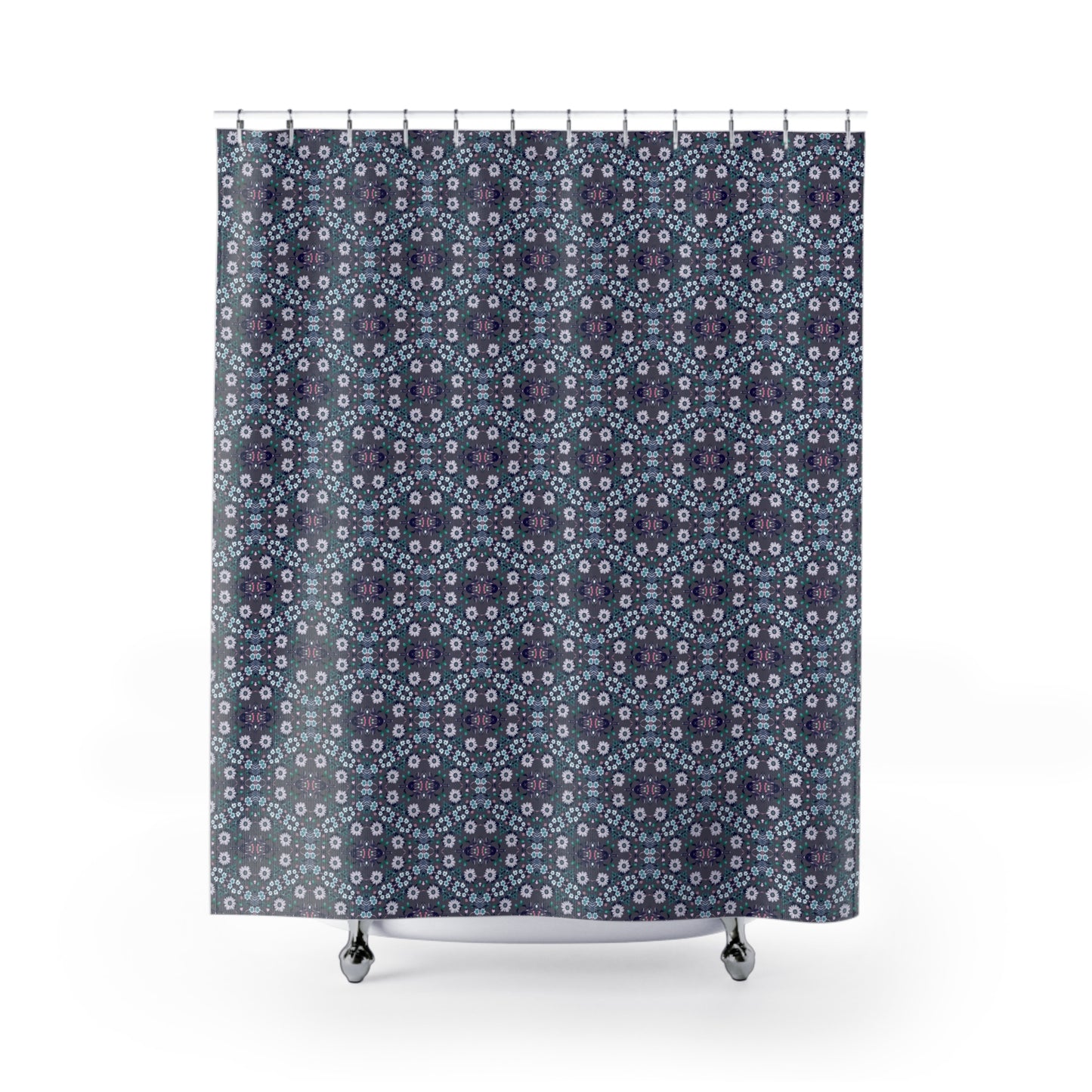 Dark Grey Retro Folk Floral Damask Shower Curtain | White, Teal and Purple Flowers