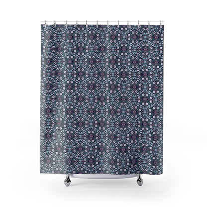Dark Grey Retro Folk Floral Damask Shower Curtain | White, Teal and Purple Flowers