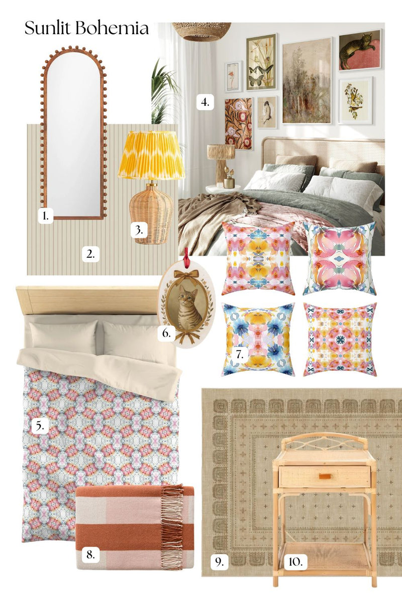 A styled bedroom collage titled 'Sunlit Bohemia' showing multiple coordinated decor items: an arched mirror, patterned wallpaper, a yellow patterned lamp, a bed with floral bedding, several colorful throw pillows, a framed animal print, a striped blanket, a rug, and a wooden nightstand. The image functions as a room inspiration board rather than a single isolated product shot.