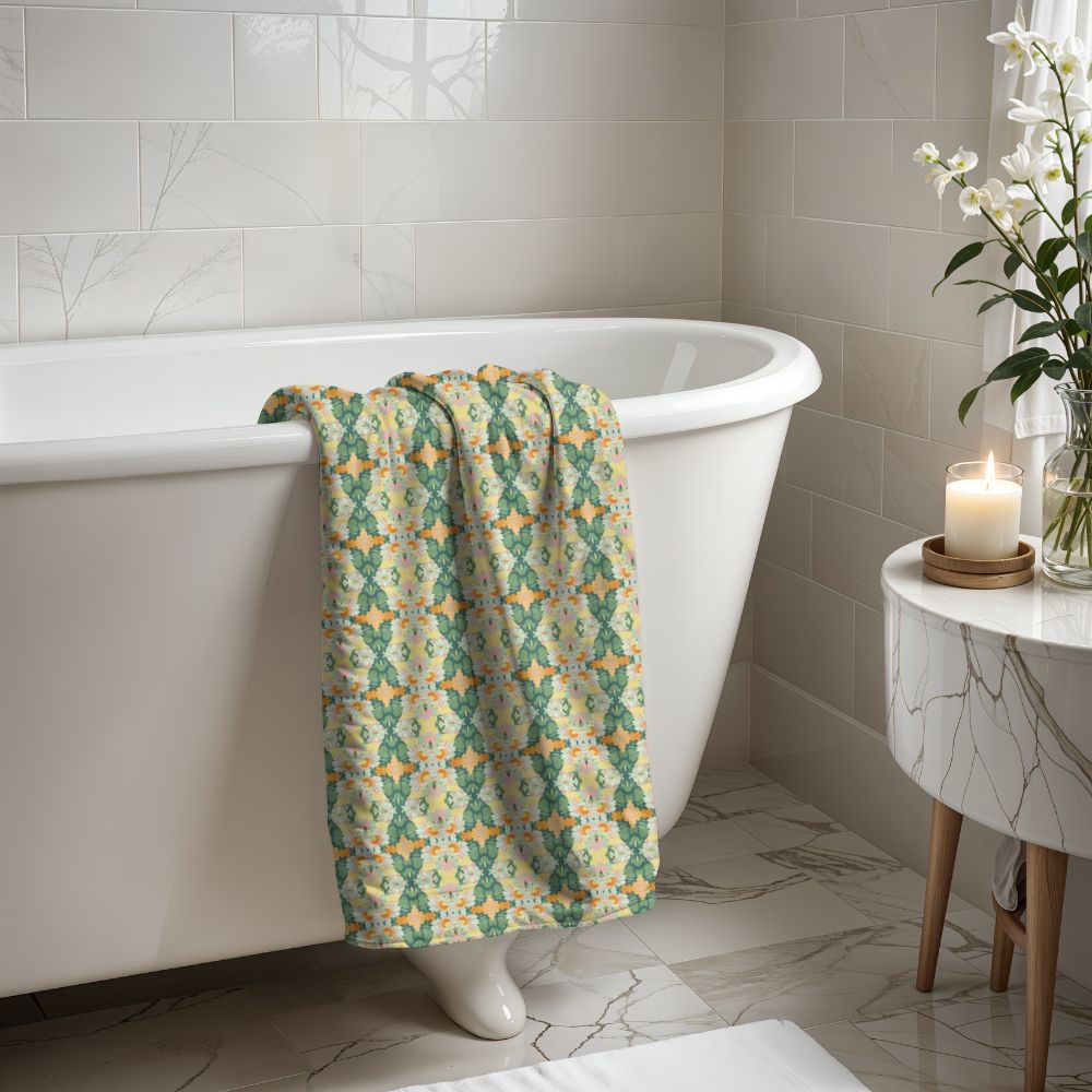 Ortensia Retro Floral Damask Stripe in Bright Green and Orange | Bath Towel