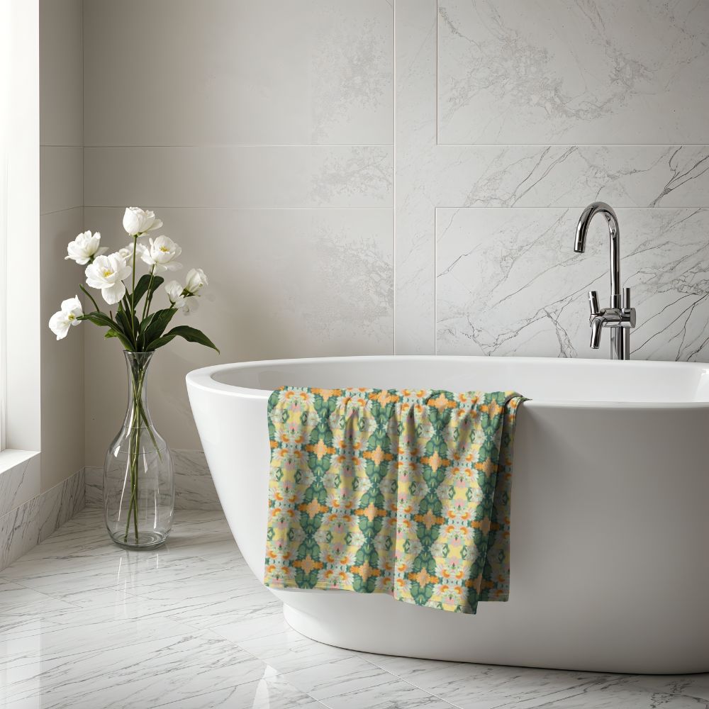 Ortensia Retro Floral Damask Stripe in Bright Green and Orange | Bath Towel