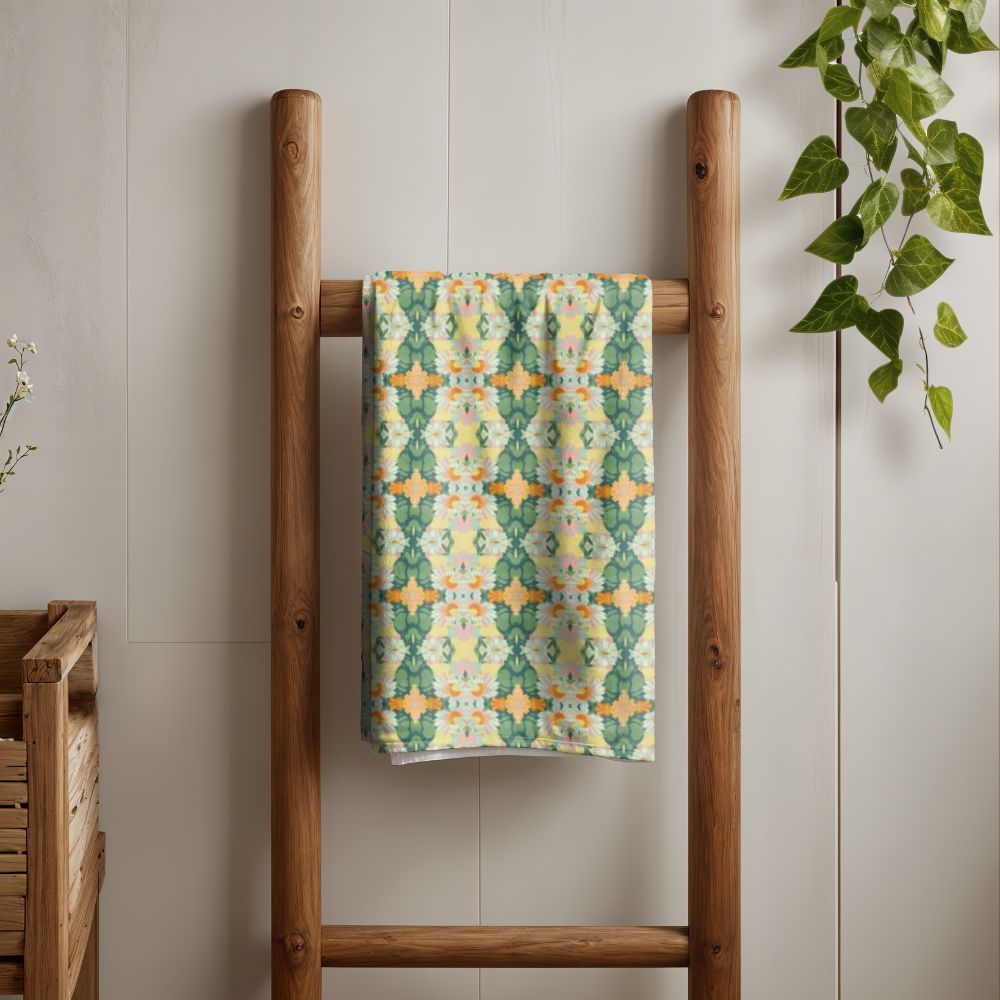 Ortensia Retro Floral Damask Stripe in Bright Green and Orange | Bath Towel