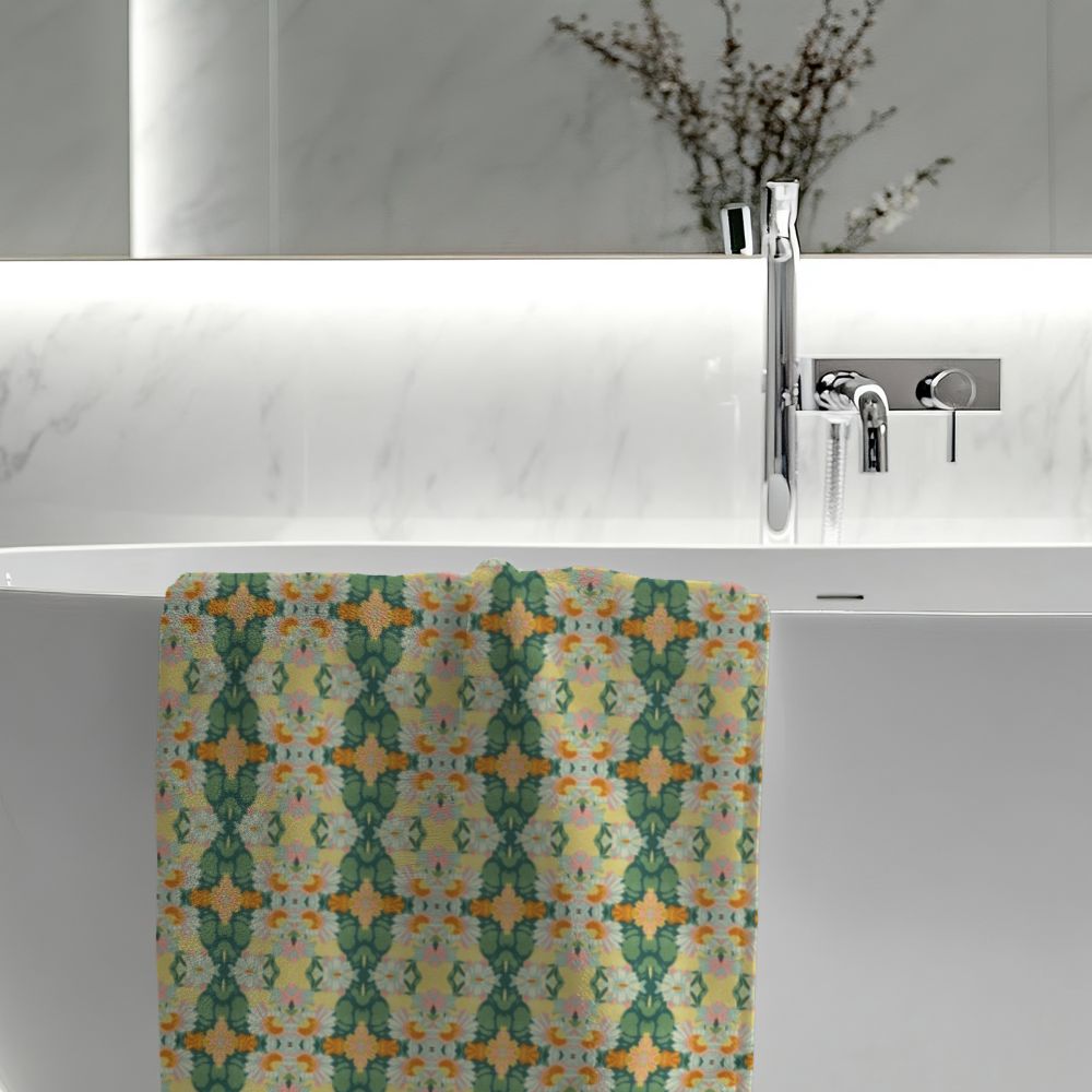Ortensia Retro Floral Damask Stripe in Bright Green and Orange | Bath Towel