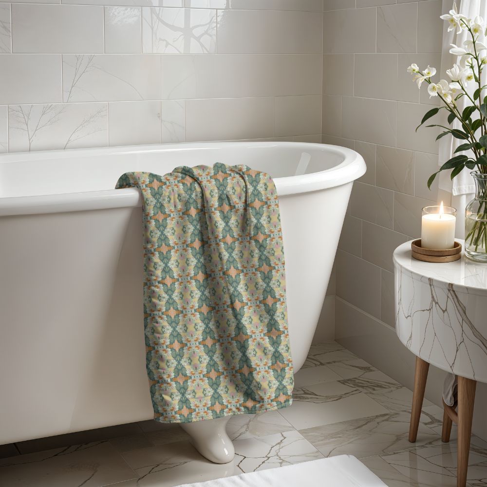 Ortensia Retro Floral Damask Stripe in Muted Green | Bath Towel