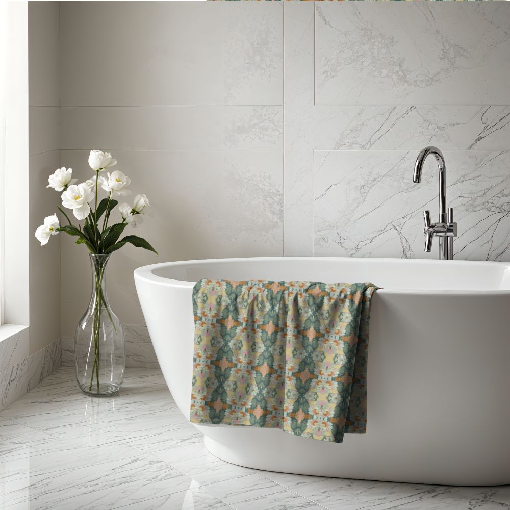 Ortensia Retro Floral Damask Stripe in Muted Green | Bath Towel