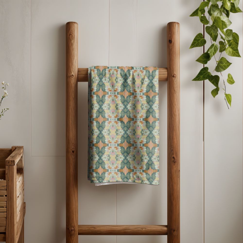 Ortensia Retro Floral Damask Stripe in Muted Green | Bath Towel