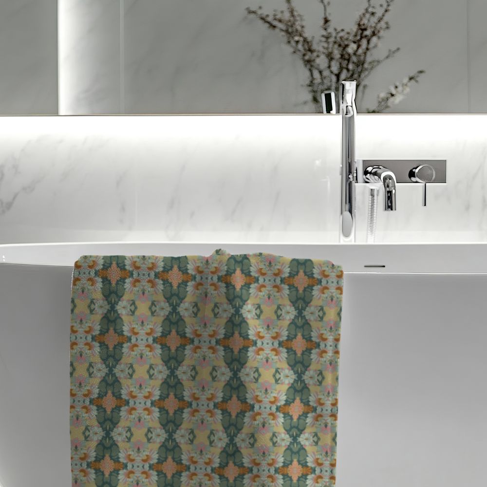Ortensia Retro Floral Damask Stripe in Muted Green | Bath Towel