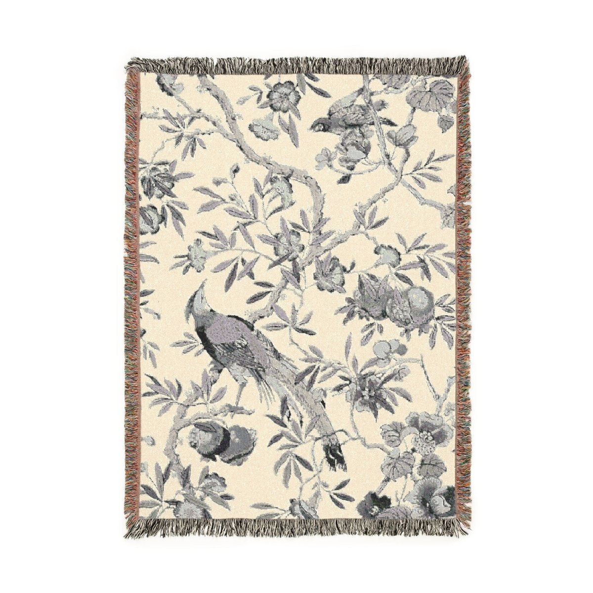 Birds and Fruit | Grey and Cream | Woven Blanket - Woven Blanket - Piccolo Fiore Prints