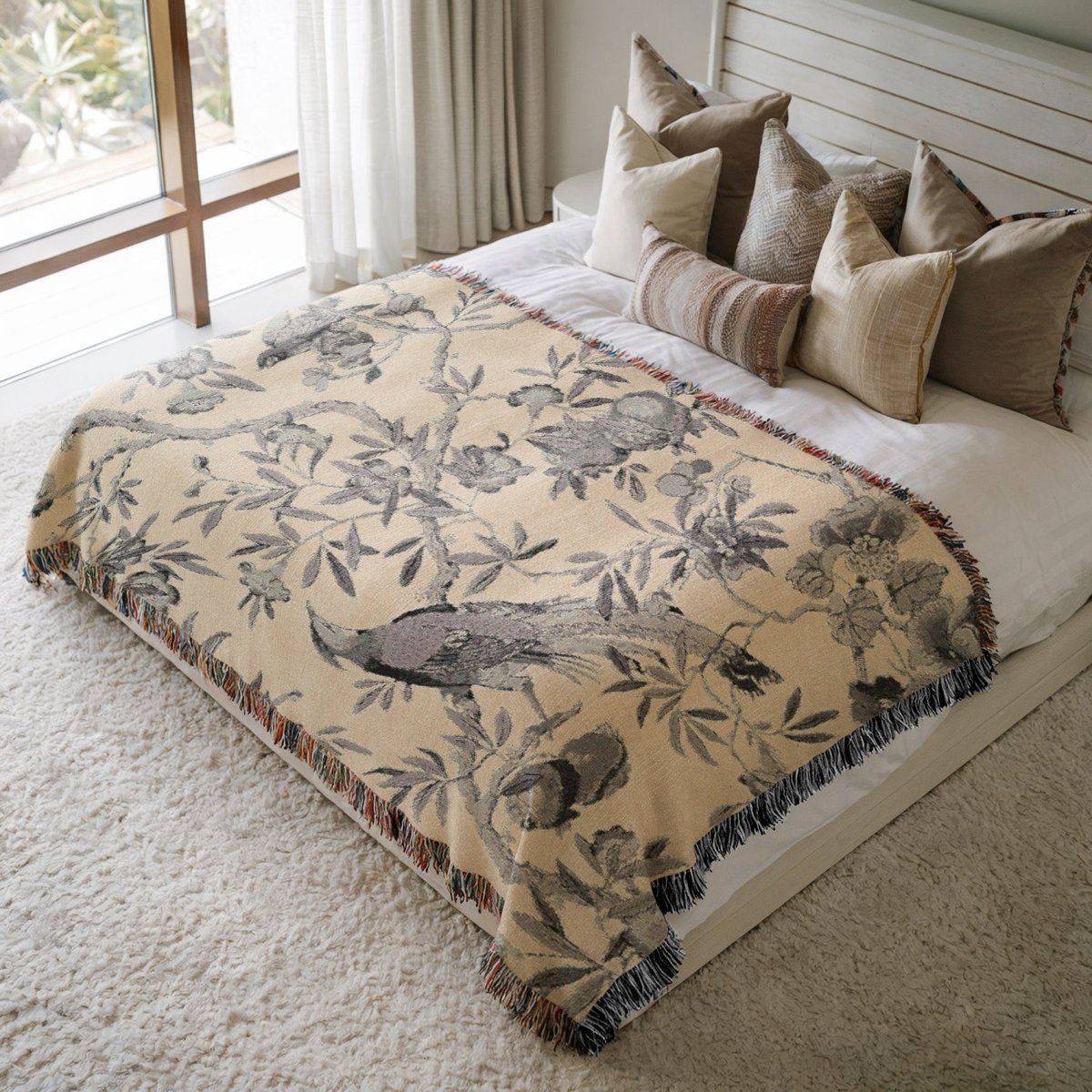 Birds and Fruit | Grey and Cream | Woven Blanket - Woven Blanket - Piccolo Fiore Prints