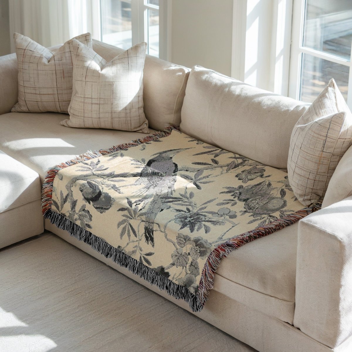 Birds and Fruit | Grey and Cream | Woven Blanket - Woven Blanket - Piccolo Fiore Prints
