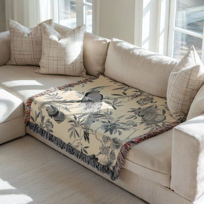 Birds and Fruit | Grey and Cream | Woven Blanket - Woven Blanket - Piccolo Fiore Prints