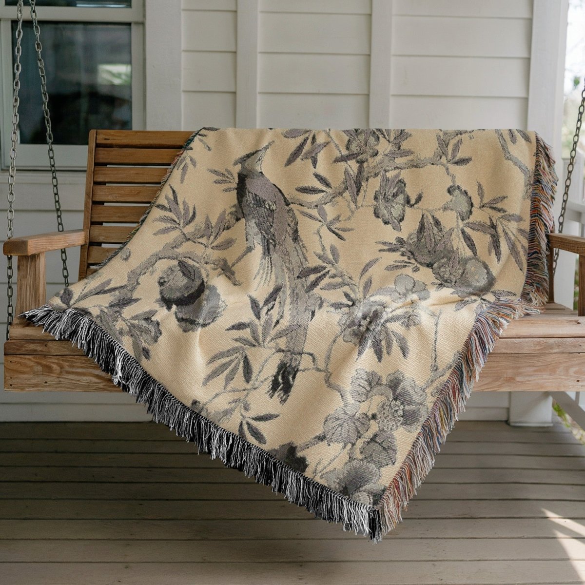 Birds and Fruit | Grey and Cream | Woven Blanket - Woven Blanket - Piccolo Fiore Prints