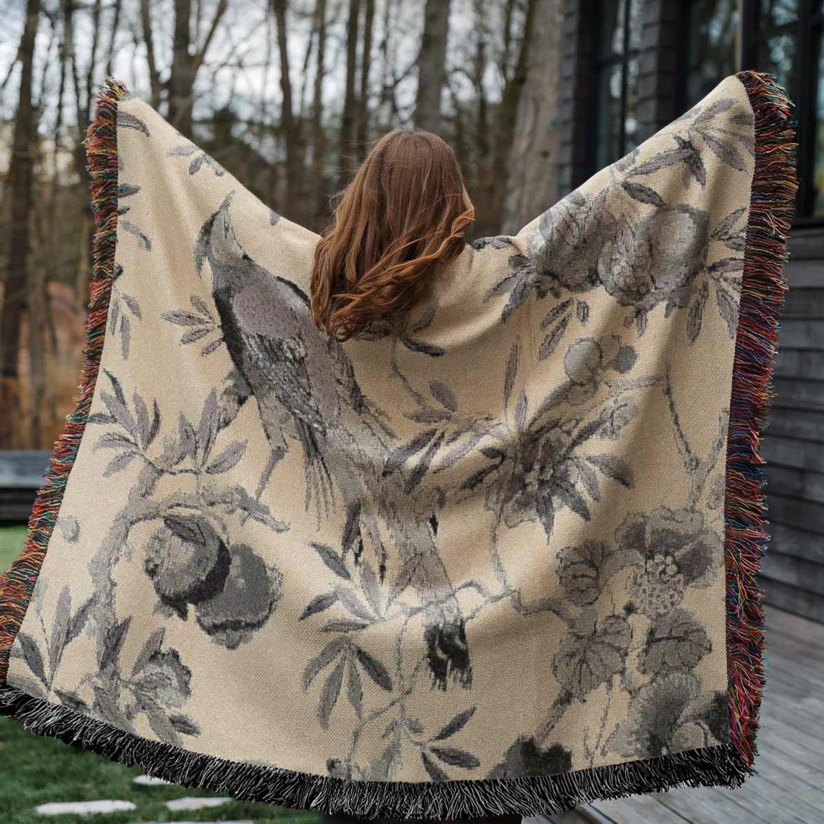 Birds and Fruit | Grey and Cream | Woven Blanket - Woven Blanket - Piccolo Fiore Prints