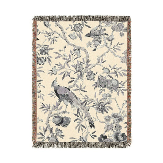 Birds and Fruit | Grey and Cream | Woven Blanket - Woven Blanket - Piccolo Fiore Prints