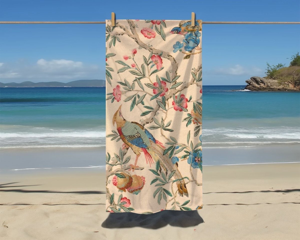 Birds and Fruit in Peach | Beach Towel - Beach Towel - Piccolo Fiore Prints