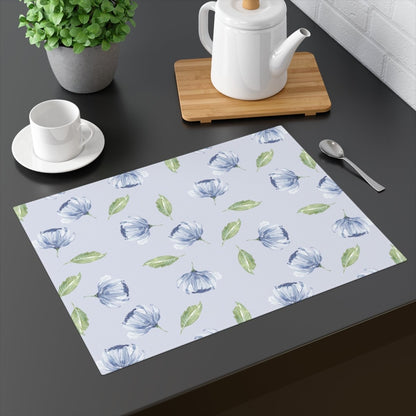 Blue Flowers and Leaves in Light Blue | Placemat - Cotton Twill Placemat - Piccolo Fiore Prints
