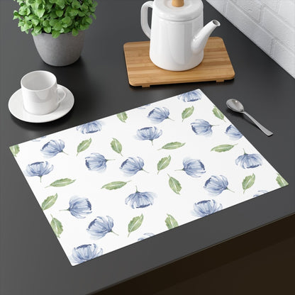 Blue Flowers and Leaves in White | Placemat - Cotton Twill Placemat - Piccolo Fiore Prints