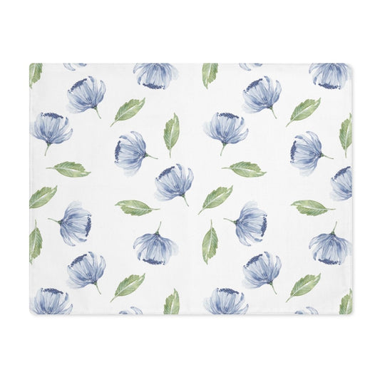 Blue Flowers and Leaves in White | Placemat - Cotton Twill Placemat - Piccolo Fiore Prints