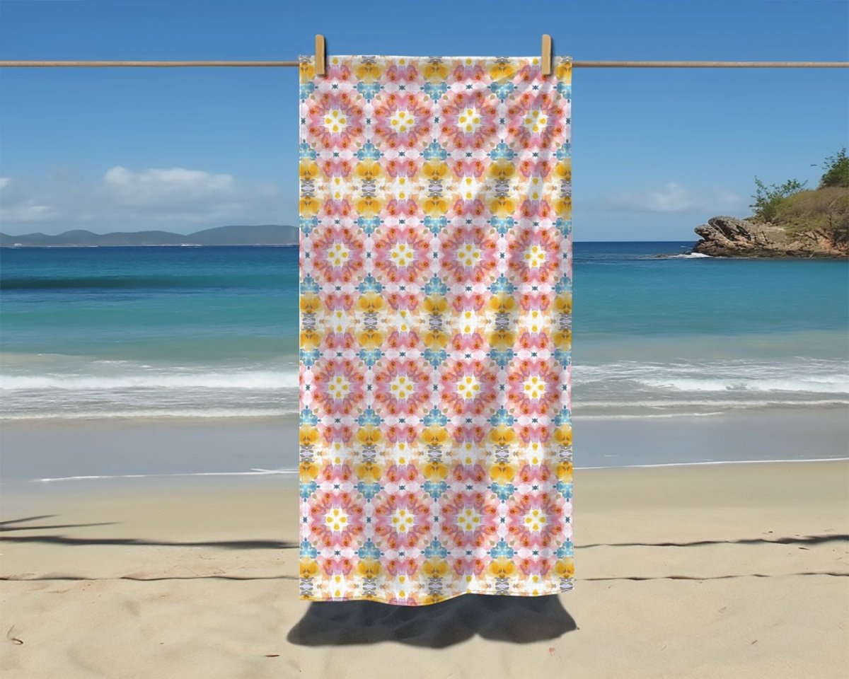 Bold Blooms in Pink, Yellow and Blue | Beach Towel - Beach Towel - Piccolo Fiore Prints