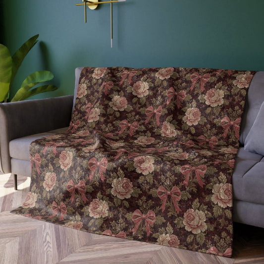 Burgundy Roses and Bows Tapestry | Crushed Velvet Blanket - Crushed Velvet Blanket - Piccolo Fiore Prints