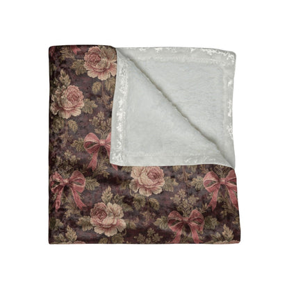Burgundy Roses and Bows Tapestry | Crushed Velvet Blanket - Crushed Velvet Blanket - Piccolo Fiore Prints