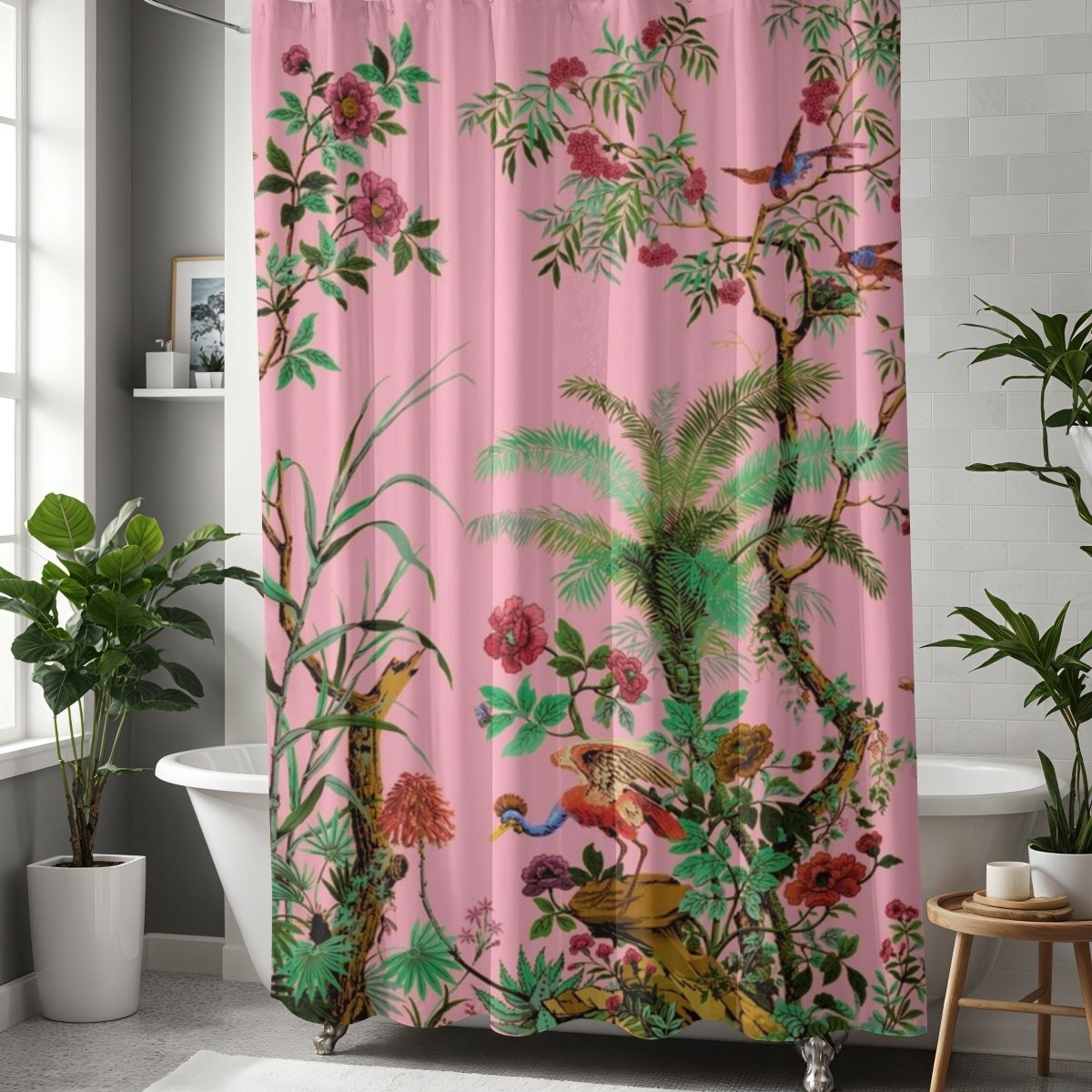Chinoiserie Flowers and Birds Shower Curtain in Pink - Shower Curtain - Piccolo Fiore Prints