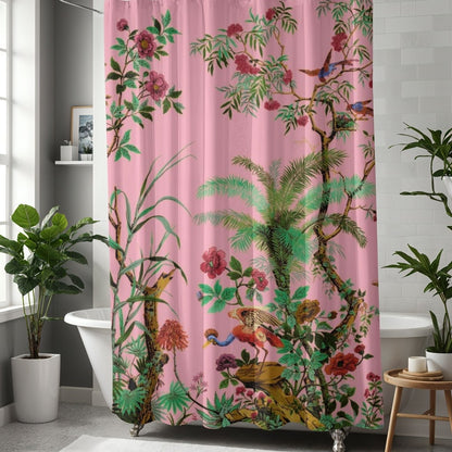Chinoiserie Flowers and Birds Shower Curtain in Pink - Shower Curtain - Piccolo Fiore Prints