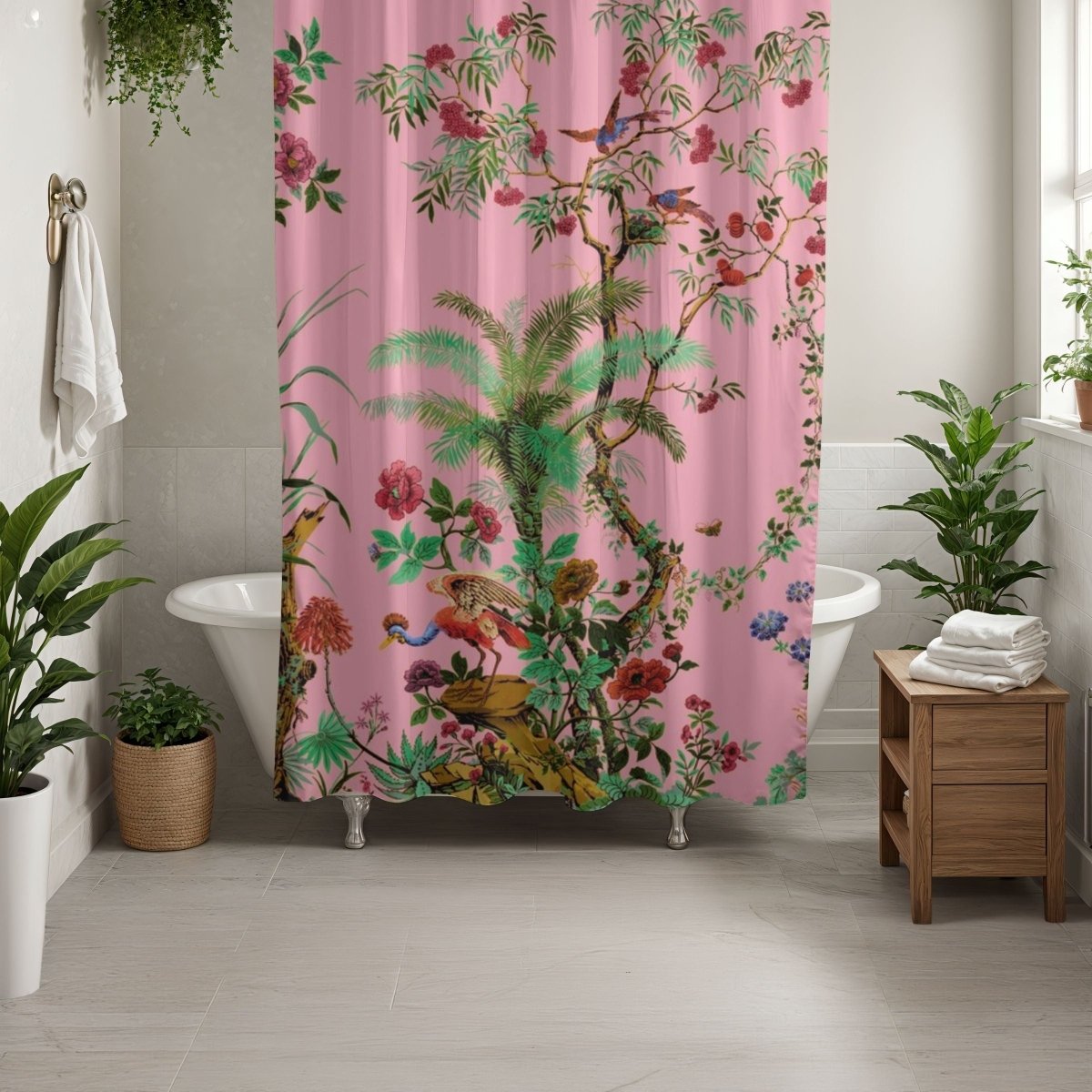 Chinoiserie Flowers and Birds Shower Curtain in Pink - Shower Curtain - Piccolo Fiore Prints