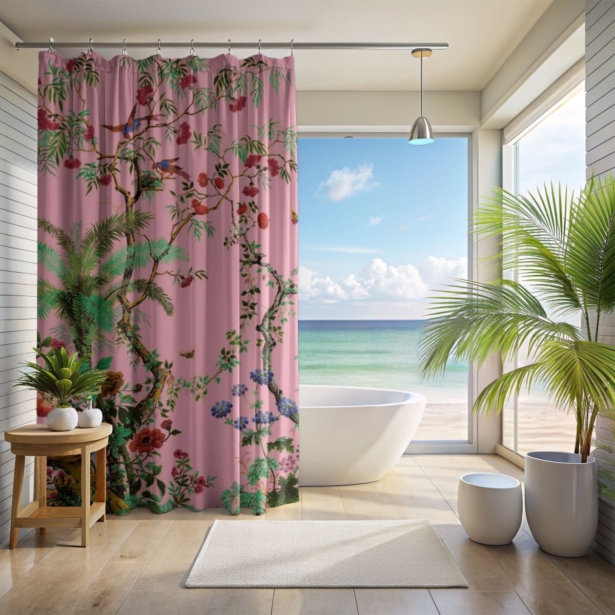 Chinoiserie Flowers and Birds Shower Curtain in Pink - Shower Curtain - Piccolo Fiore Prints