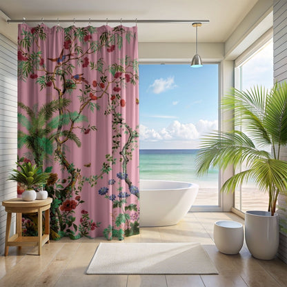 Chinoiserie Flowers and Birds Shower Curtain in Pink - Shower Curtain - Piccolo Fiore Prints