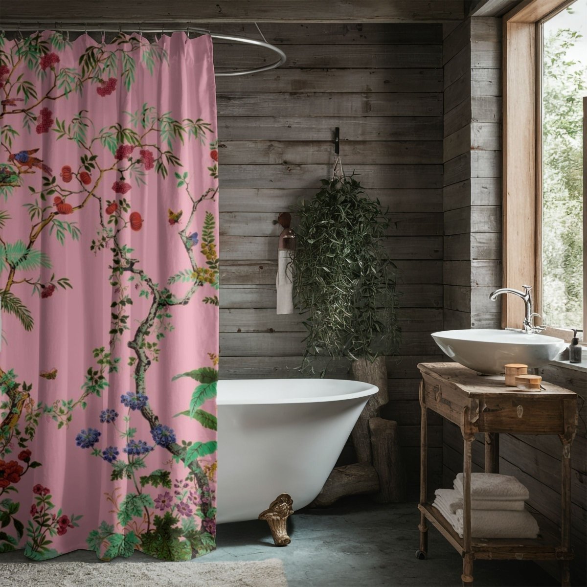 Chinoiserie Flowers and Birds Shower Curtain in Pink - Shower Curtain - Piccolo Fiore Prints