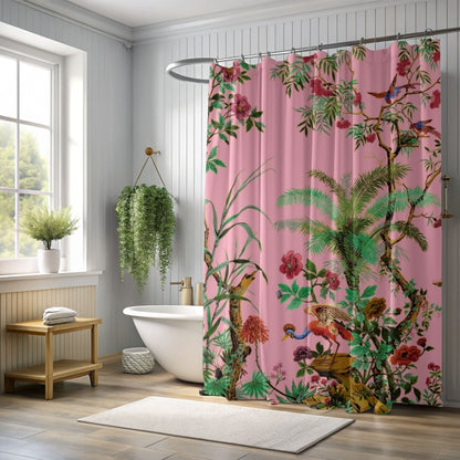 Chinoiserie Flowers and Birds Shower Curtain in Pink - Shower Curtain - Piccolo Fiore Prints