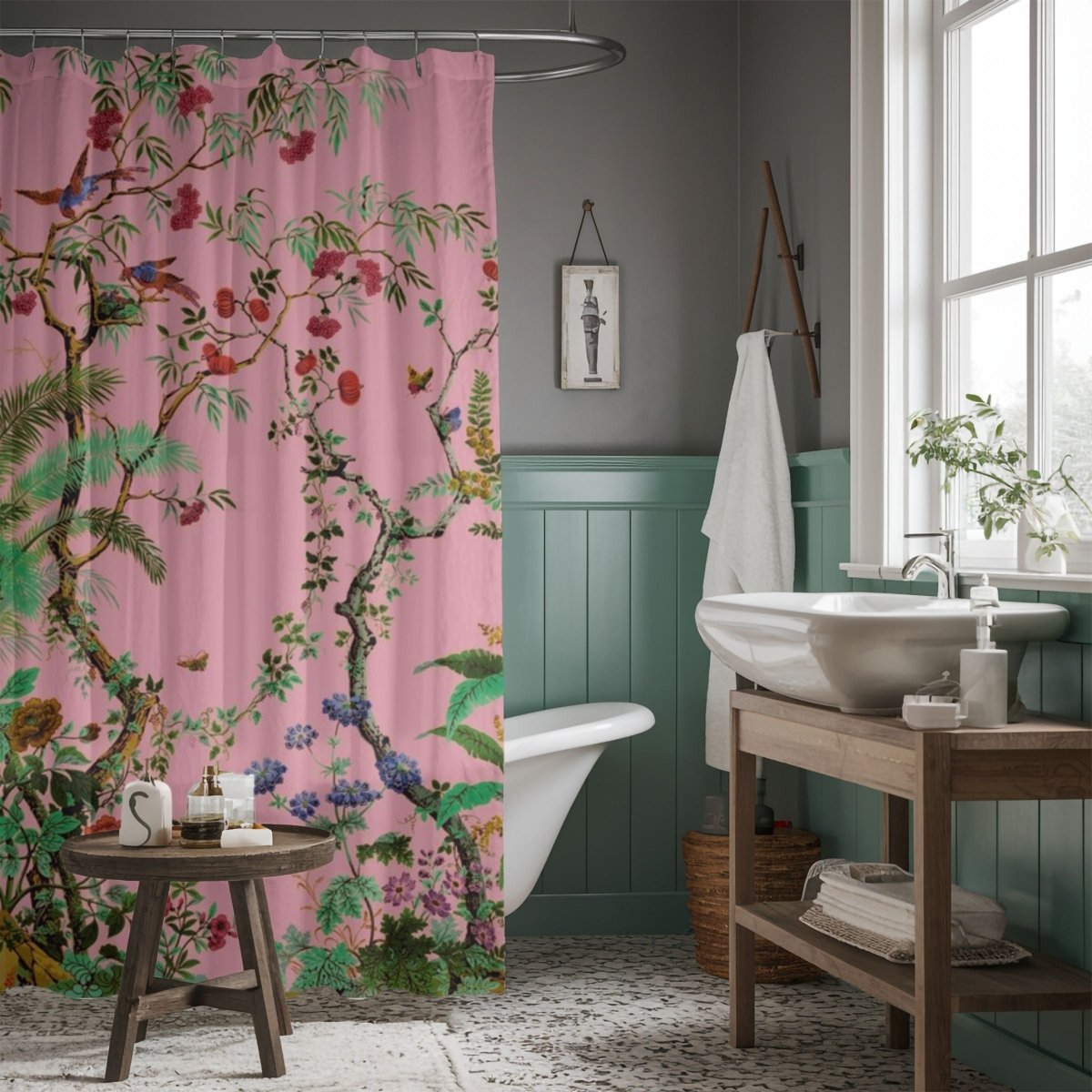 Chinoiserie Flowers and Birds Shower Curtain in Pink - Shower Curtain - Piccolo Fiore Prints