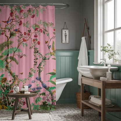 Chinoiserie Flowers and Birds Shower Curtain in Pink - Shower Curtain - Piccolo Fiore Prints