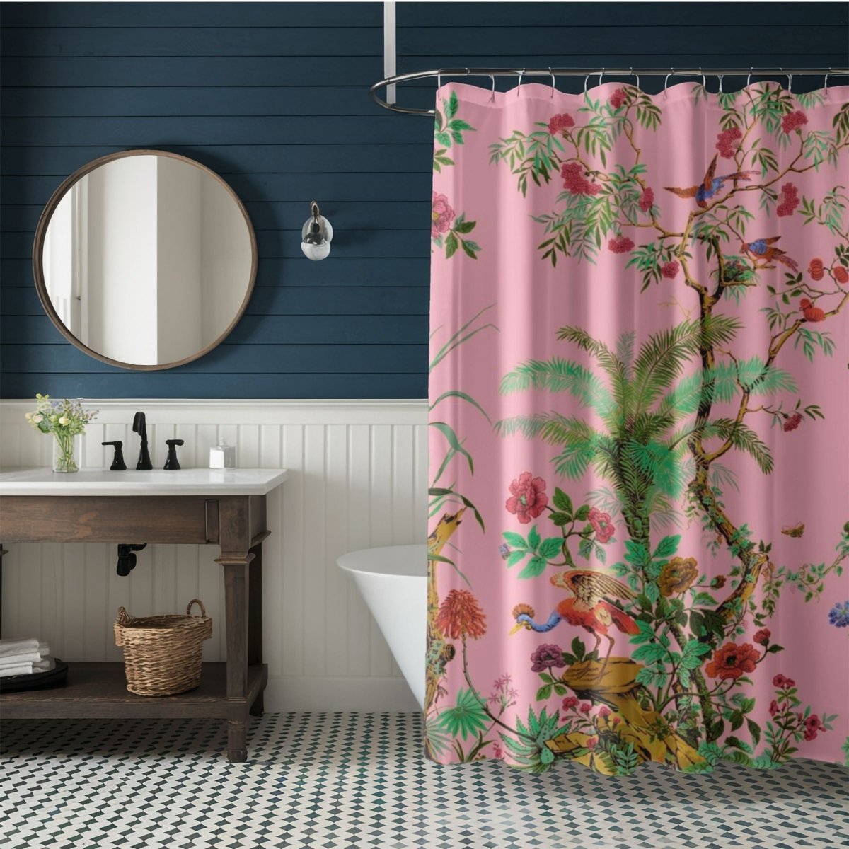 Chinoiserie Flowers and Birds Shower Curtain in Pink - Shower Curtain - Piccolo Fiore Prints