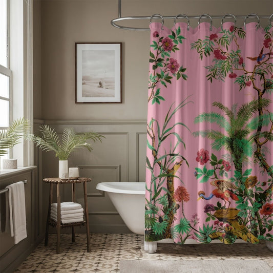 Chinoiserie Flowers and Birds Shower Curtain in Pink - Shower Curtain - Piccolo Fiore Prints