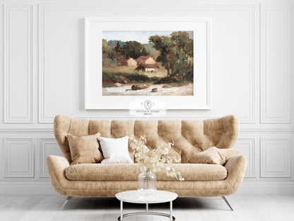 Country Farmhouse and River Landscape | P386 - Single Art Prints - Piccolo Fiore Prints