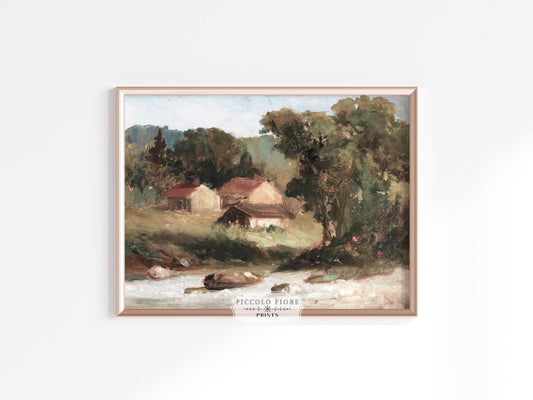 Country Farmhouse and River Landscape | P386 - Single Art Prints - Piccolo Fiore Prints