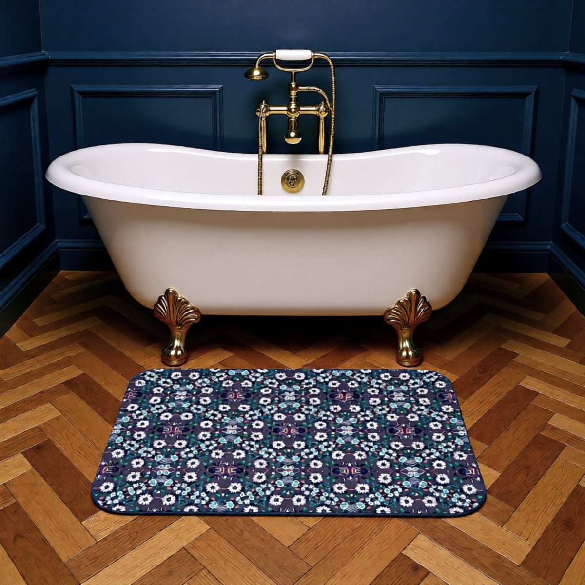 Dark Grey Retro Folk Floral Damask | Bath Mat - Bath Mat - Piccolo Fiore Prints