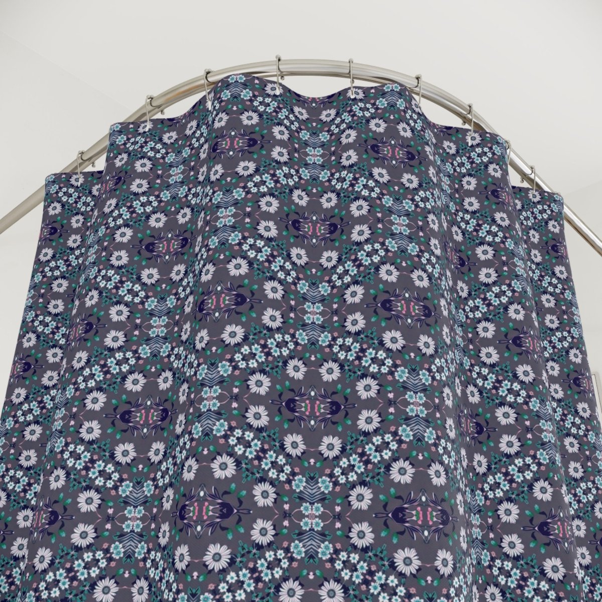 Dark Grey Retro Folk Floral Damask Shower Curtain | White, Teal and Purple Flowers - Shower Curtain - Piccolo Fiore Prints