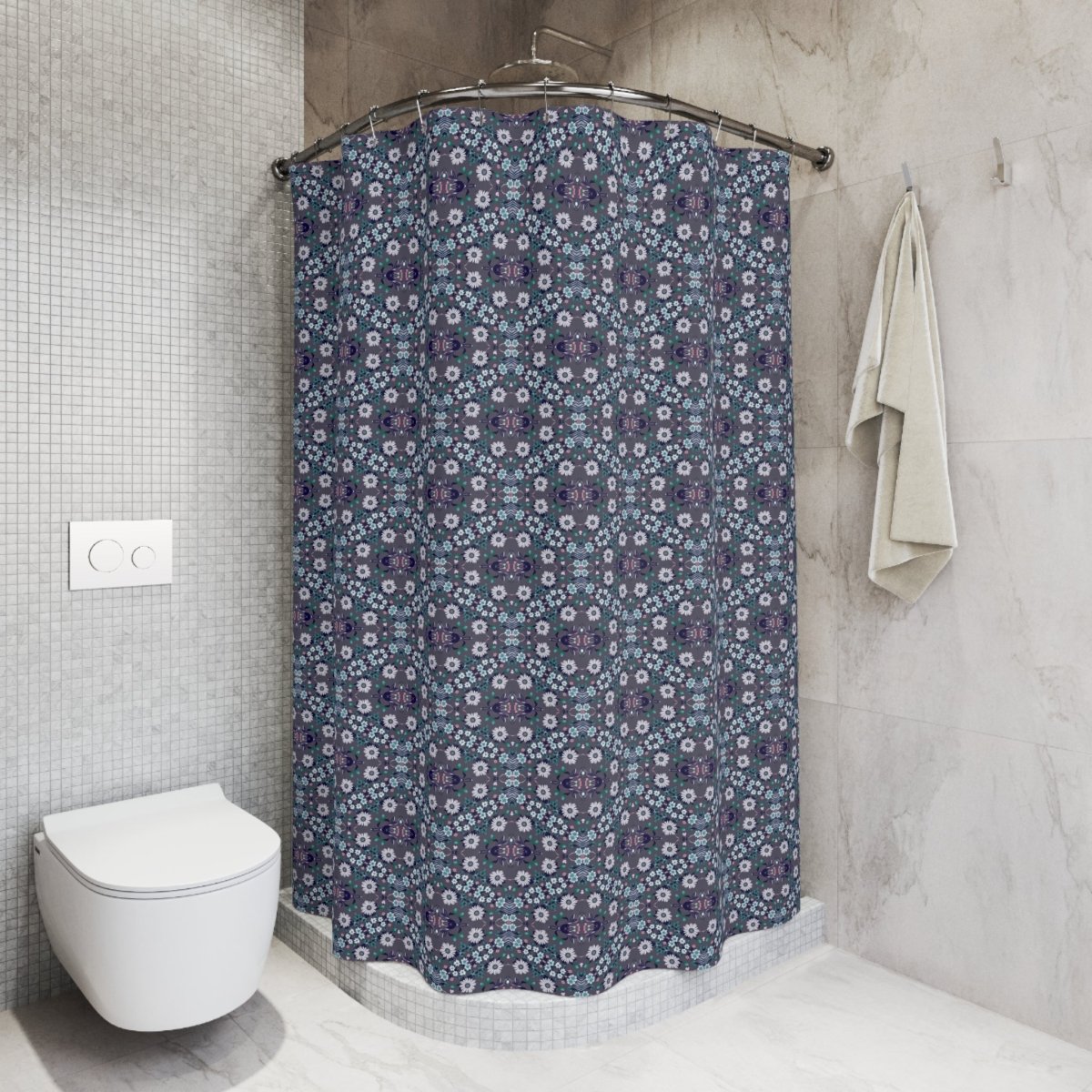 Dark Grey Retro Folk Floral Damask Shower Curtain | White, Teal and Purple Flowers - Shower Curtain - Piccolo Fiore Prints