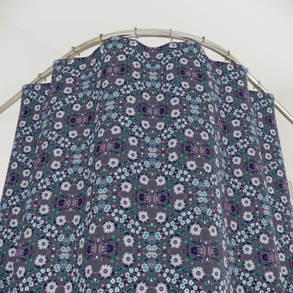 Dark Grey Retro Folk Floral Damask Shower Curtain | White, Teal and Purple Flowers - Shower Curtain - Piccolo Fiore Prints