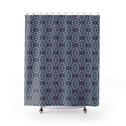 Dark Grey Retro Folk Floral Damask Shower Curtain | White, Teal and Purple Flowers - Shower Curtain - Piccolo Fiore Prints