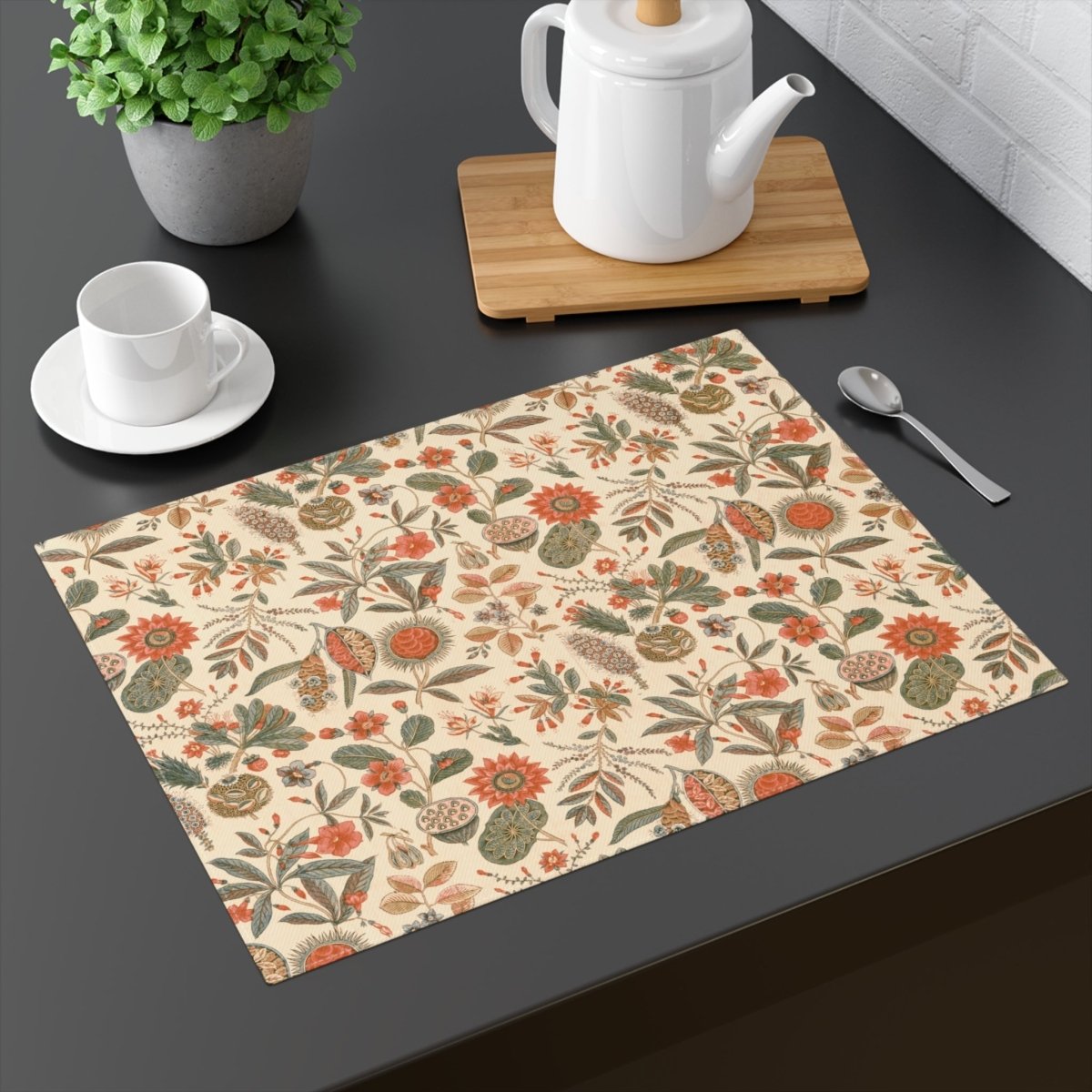 Flora in Sage Green and Rust | Placemat - Cotton Twill Placemat - Piccolo Fiore Prints