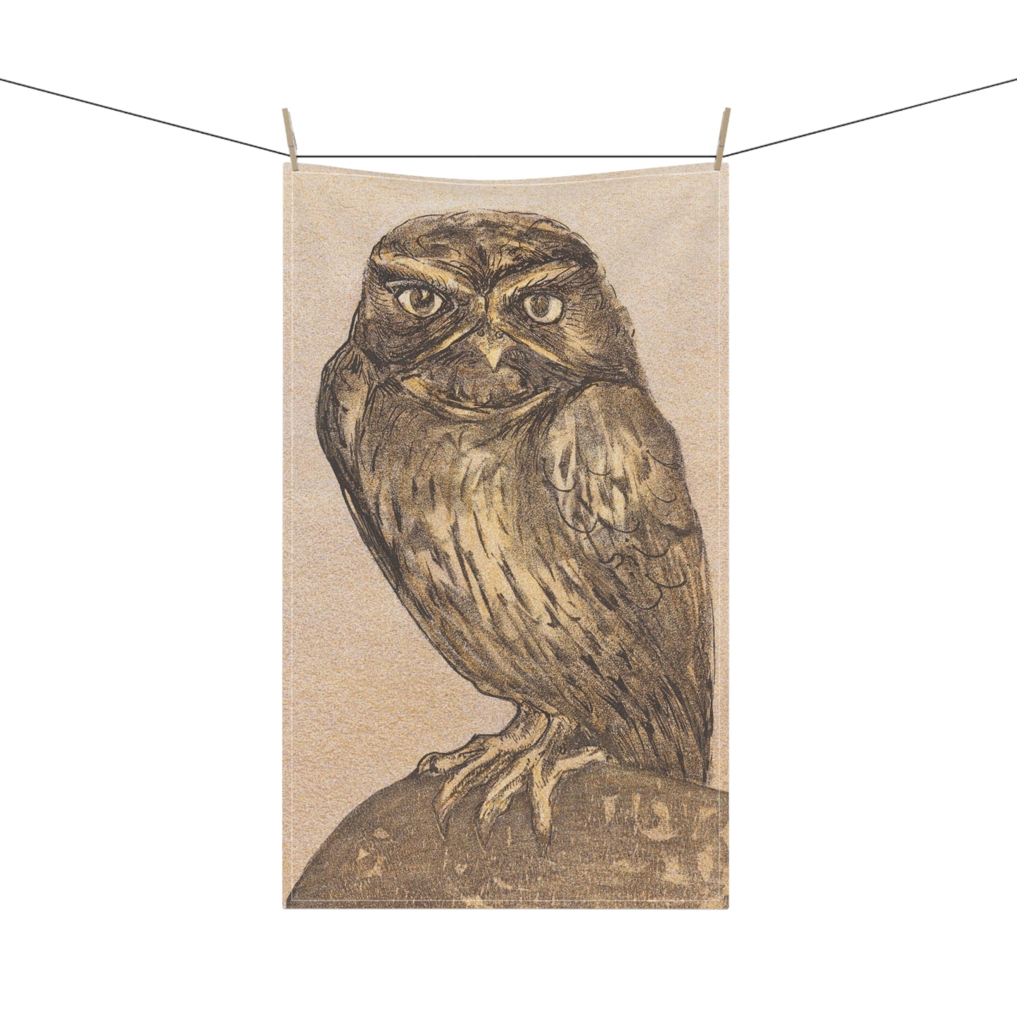Vintage illustration of a cute frowning owl on a tea towel in beige and brown
