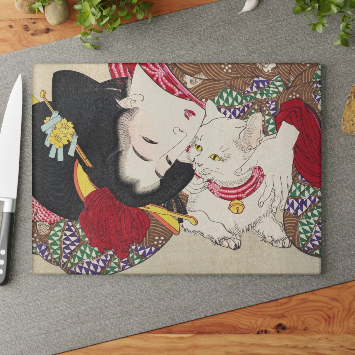 Japanese Cat Lover | Glass Chopping Board - Glass Chopping Board - Piccolo Fiore Prints